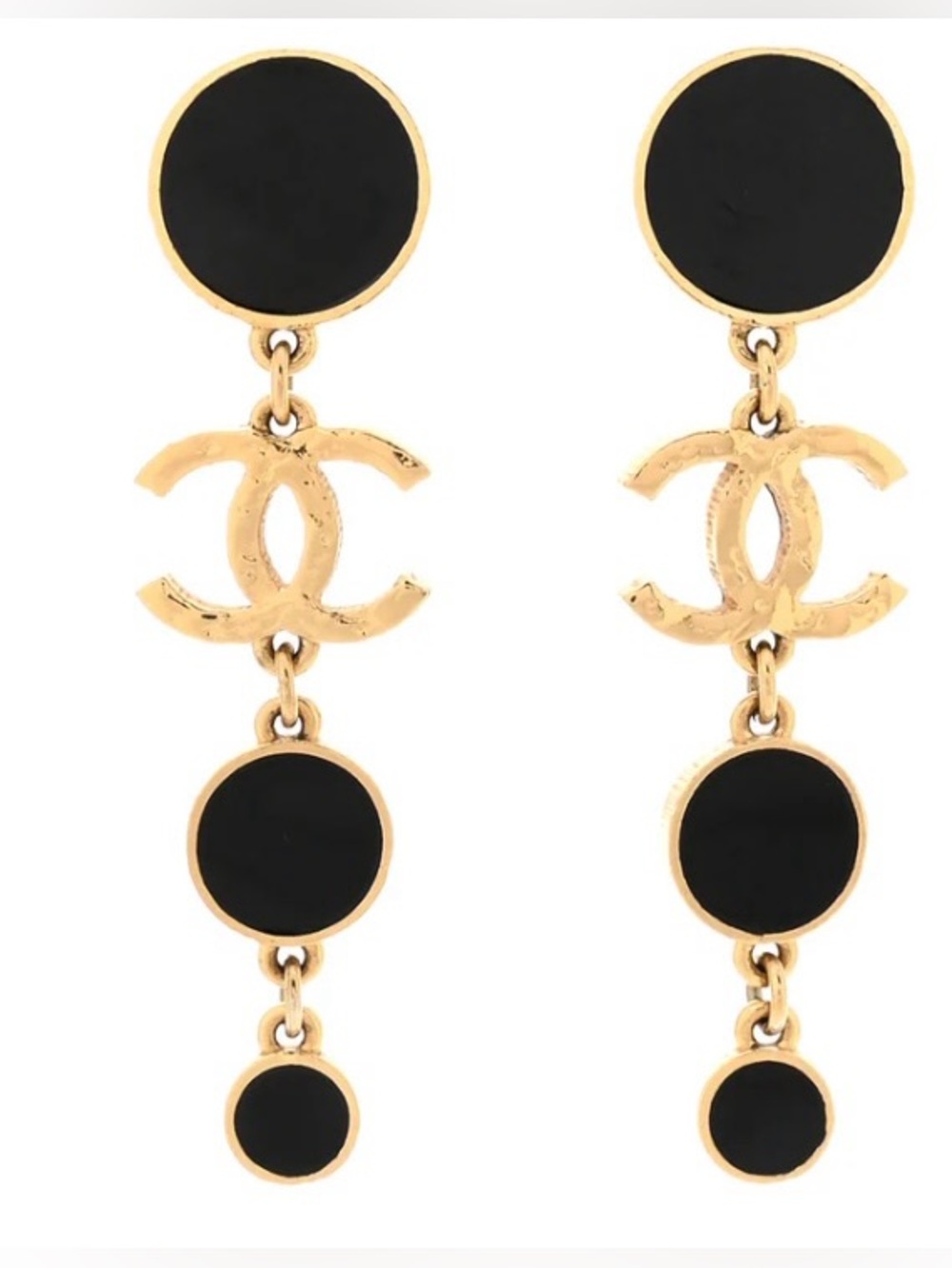 Double C Black Resin and Gold - Tone Metal Logo Dangle 3” Drop Earrings